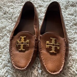 TORY BURCH Brown Leather Loafers with Gold Logo